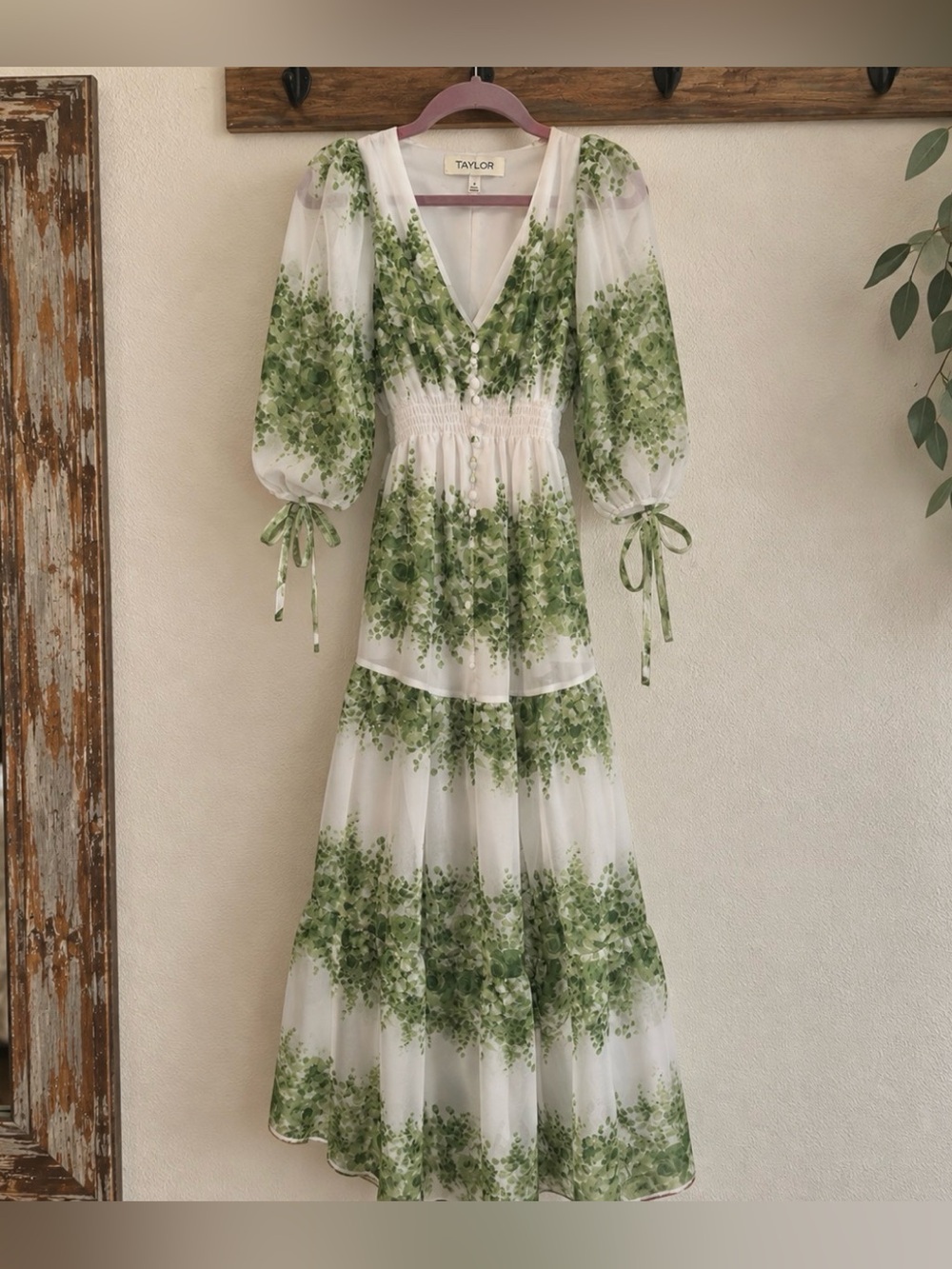 TAYLOR Women's Green Floral Fall Bohemian Boho Maxi Dress Small 4